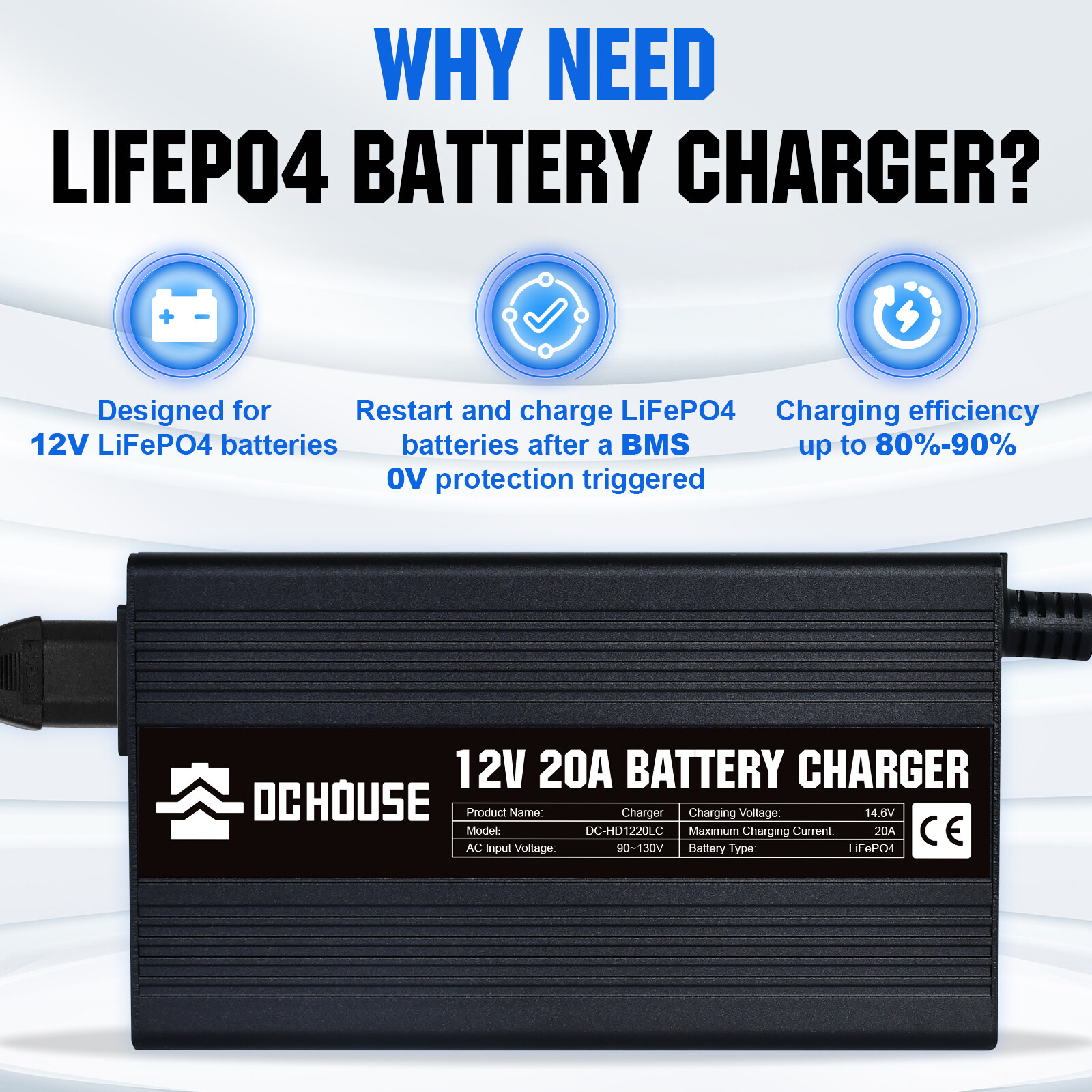 20-Amp 20A Smart Charger for Lithium Iron Phosphate (LiFePO4) Battery 12V 14.6V