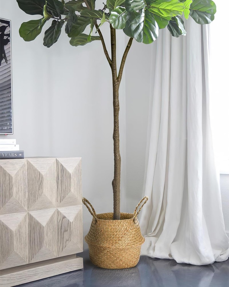 Artificial Fiddle Leaf Fig Tree 6FT - Large Fake Tree with White Planter & Bask