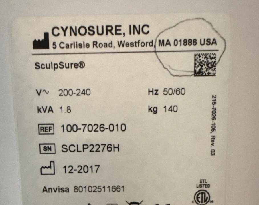 Dec 2017 Cynosure Sculpsure Body Contouring Machine - Good Condition