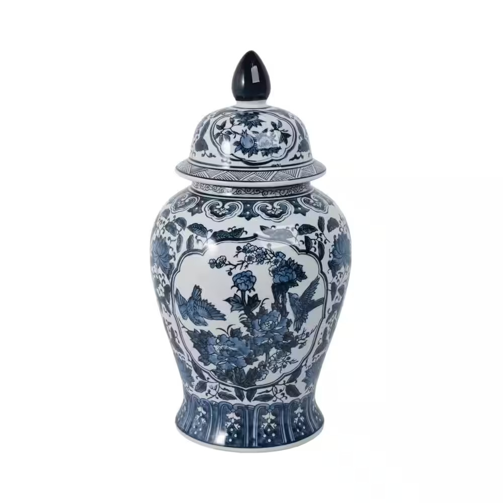18.25 In. Blue Ceramic Chinoiserie Floral Decorative Jar