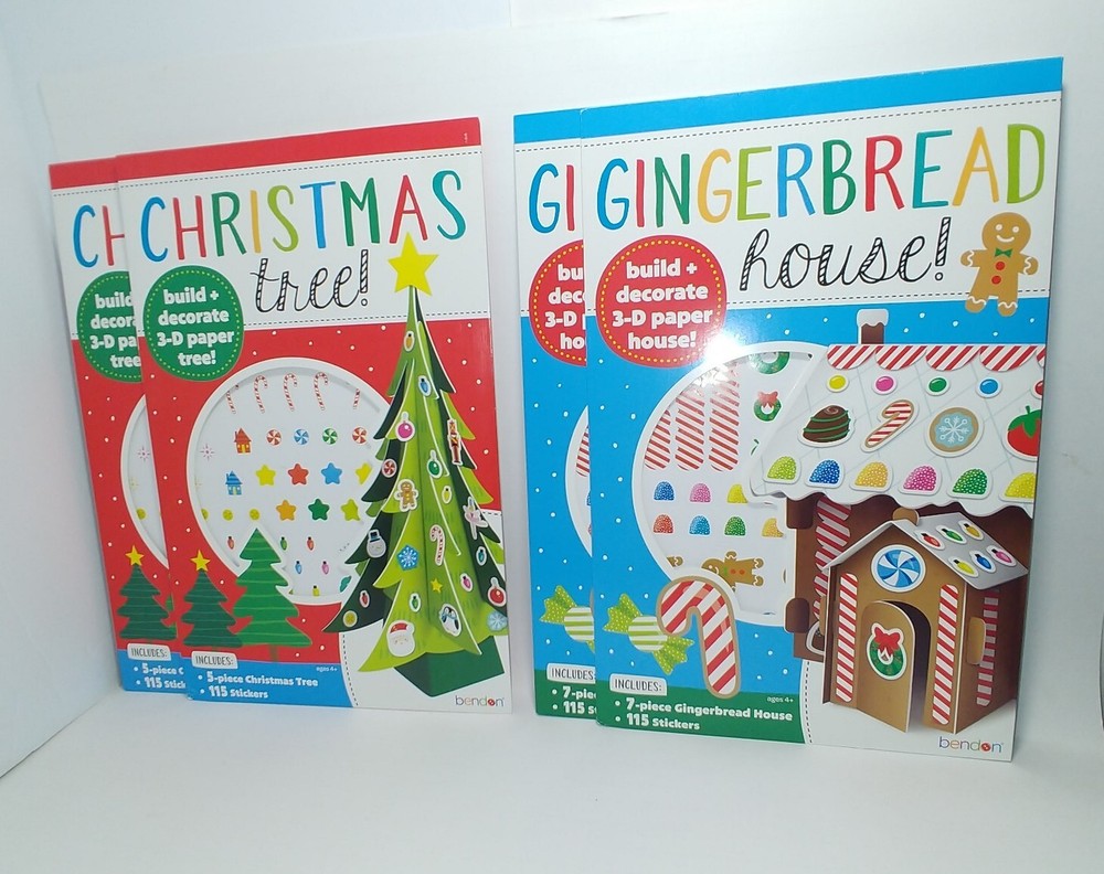 Bendon 3-D Paper Christmas Tree & Gingerbread House Activity Sets, 4 Total