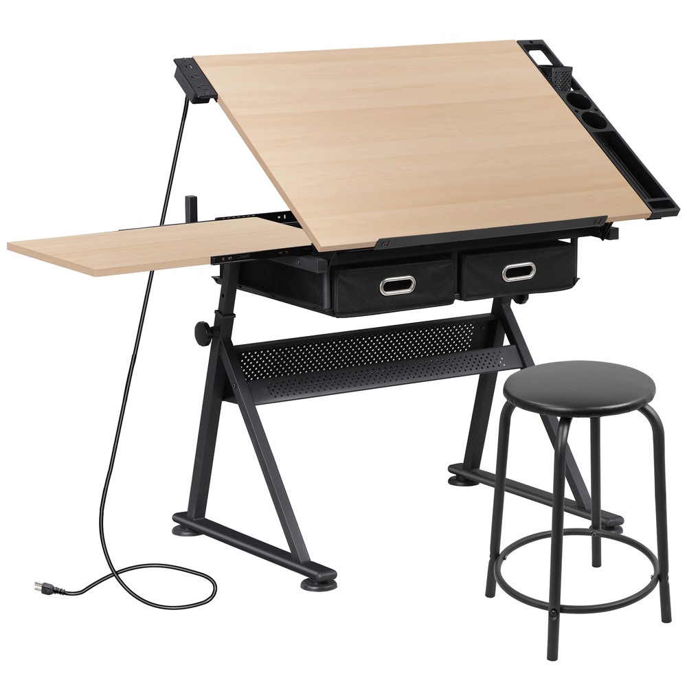 Adjustable Drafting Drawing Table Tiltable Tabletop w/ Stool & Outlet Natural