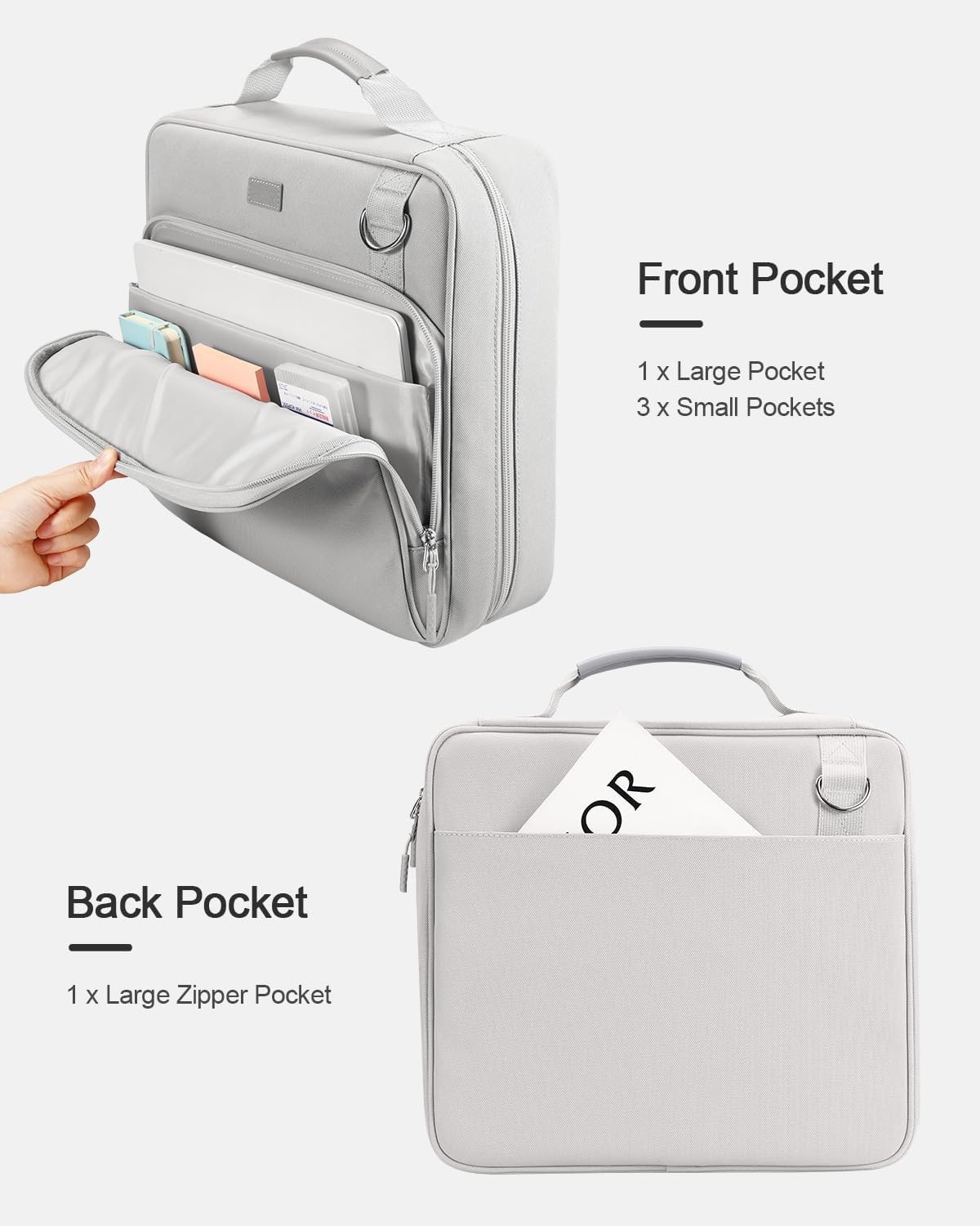 HINOOR 3-Inch D-Ring Zipper Binder w/ Shoulder Strap Holds Up To 700 Sheets Gray