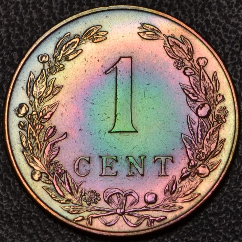 1904 Netherlands 1 Cent rainbow toning **SHARP DETAILS** (60-74)