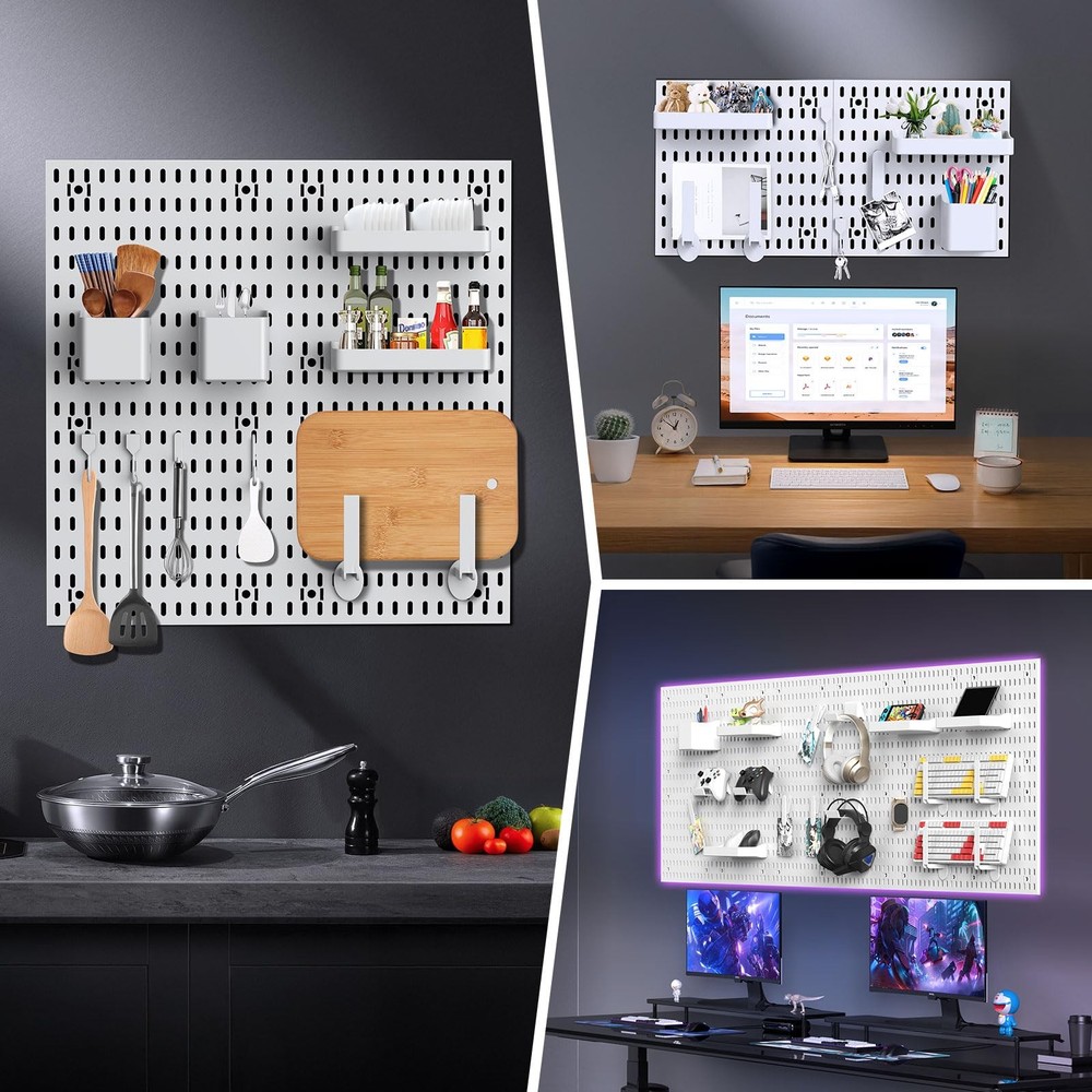 Peg Board, 4 Pack PP Plastic Pegboard Panels, White Pegboards Wall Organizer,...