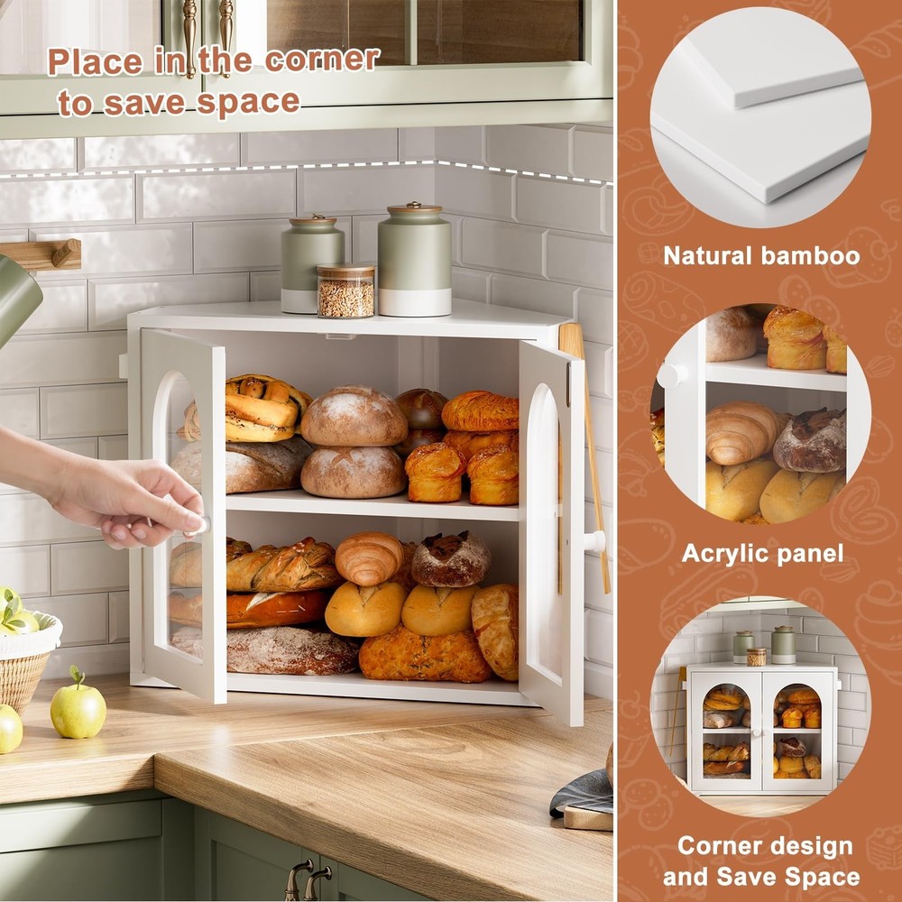 WOWLIVE Corner Bread Box for Kitchen Countertop, 2 Tier Bamboo Bread Storage ...