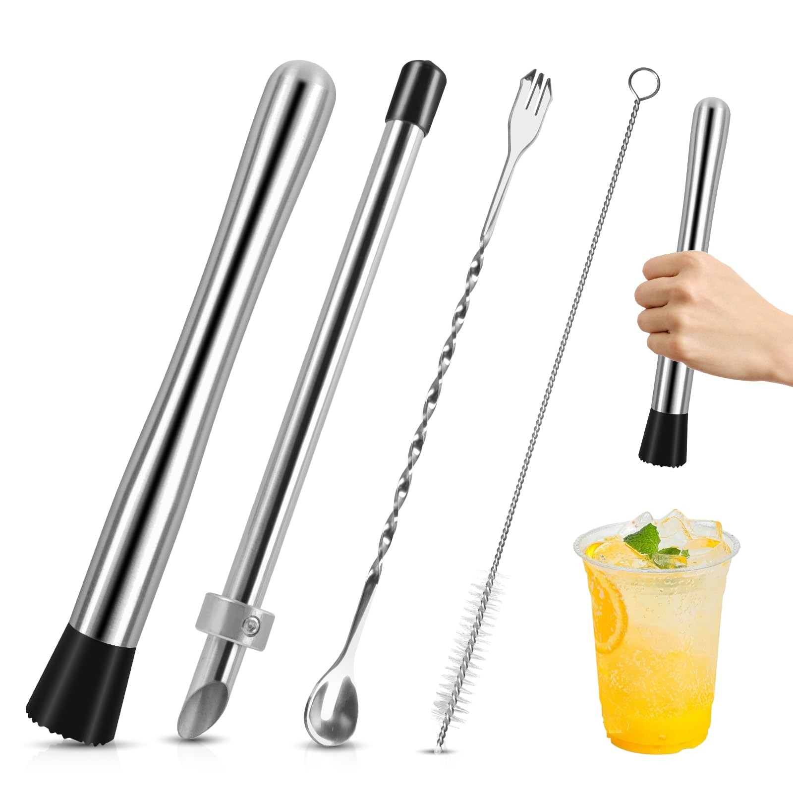 4Pcs Muddler for Cocktails, 10" and Long Handle Bar m, Silver