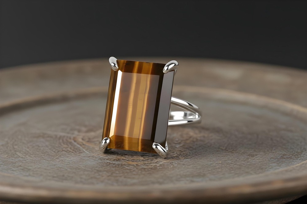 Sterling Silver Tiger Eye Ring Handmade Rectangle Gemstone Lightweight Fit