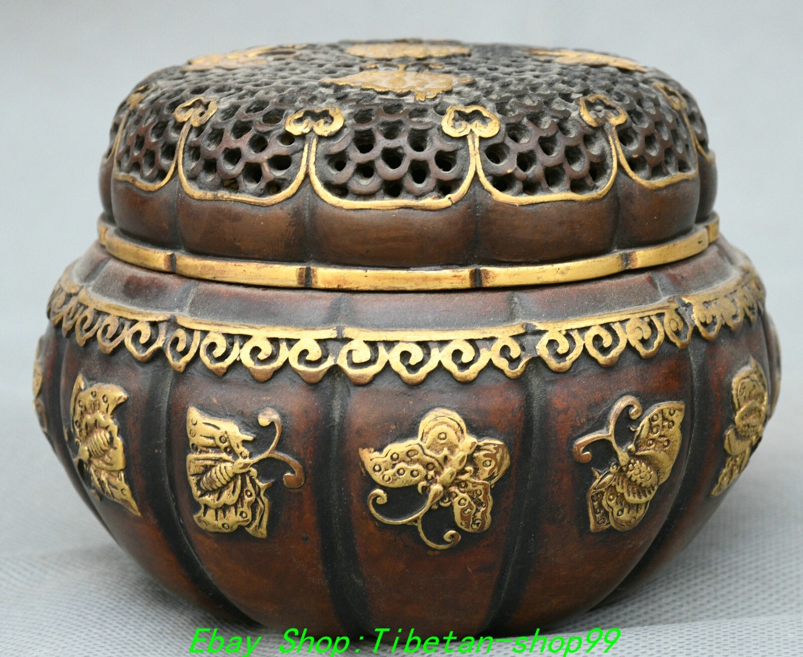 4.7''Old Dynasty Purple Bronze Gold Butterfly Pattern Incense Burner Censer