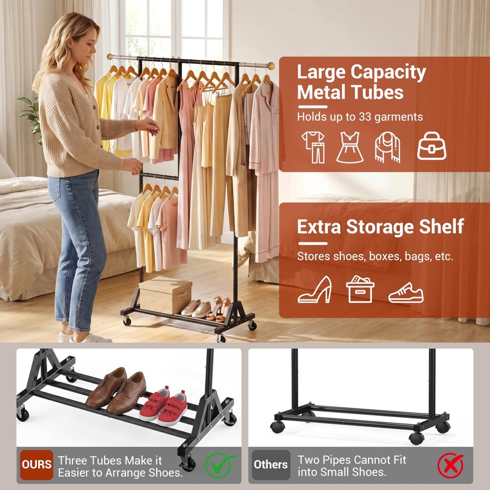 Rolling Clothing Rack with Bottom Storage Shelf & lockable Casters, Multi-tie...