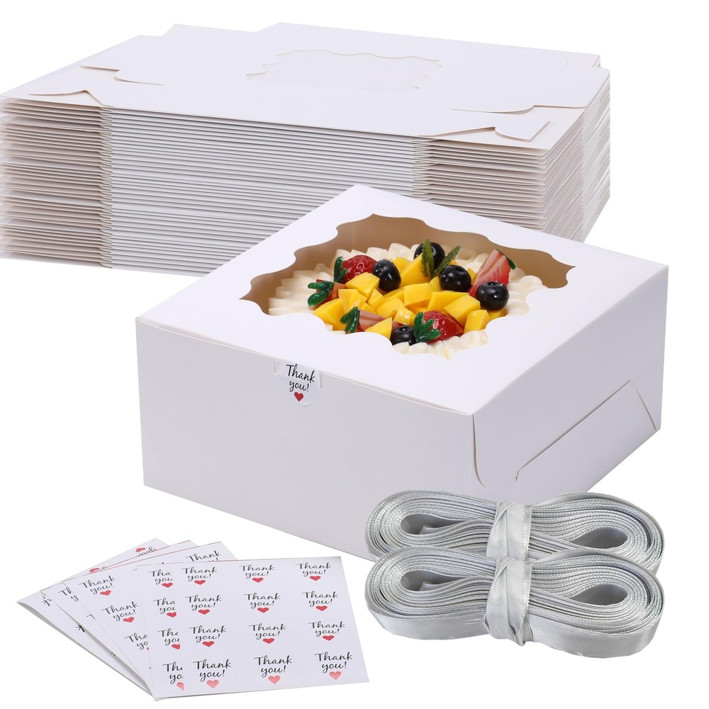 White Bakery Boxes Cake Boxes with Window 24pcs 8x8x4 Inches Cookie Boxes Pas...
