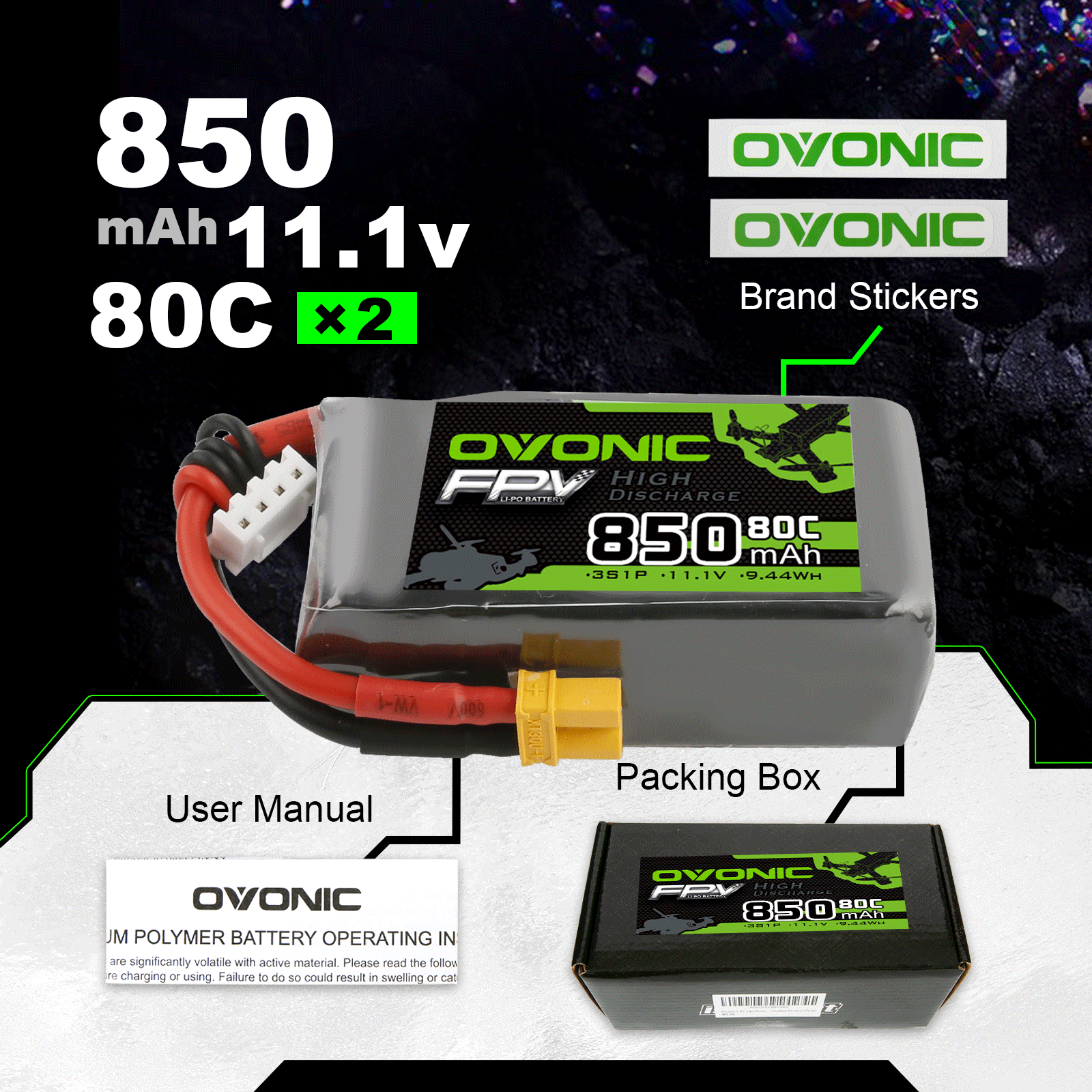 2x Ovonic 11.1V 80C 3S 850mAh Lipo Battery XT30 For FPV Drone Heli Airplane