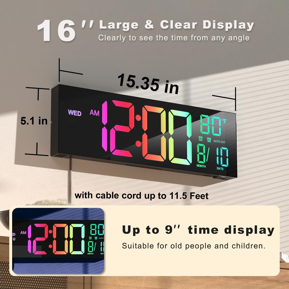 LED Wall Clock 16" with Large Display, Alarm,Timer, Temp,Date & Soft Night Light