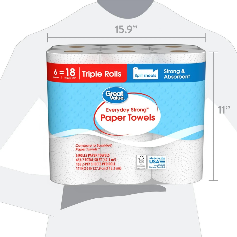 Great Value Everyday Strong Paper Towels, 6 Triple Rolls, Split Sheets