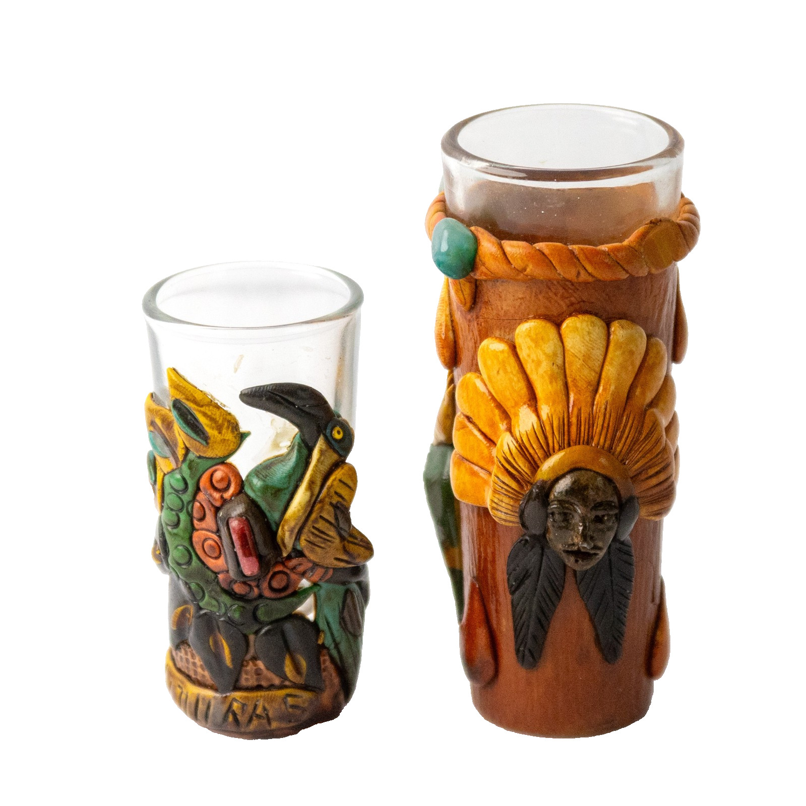 Vintage Honduras 3D Sculpted Shot Glass Set - Toucan & Mayan Chieftain Set of 2
