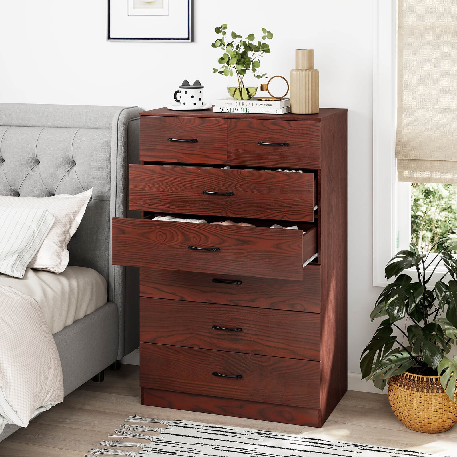 7 Drawers Dresser Wooden Chest of Drawers w/ Metal Handles, Guide Rails Espresso