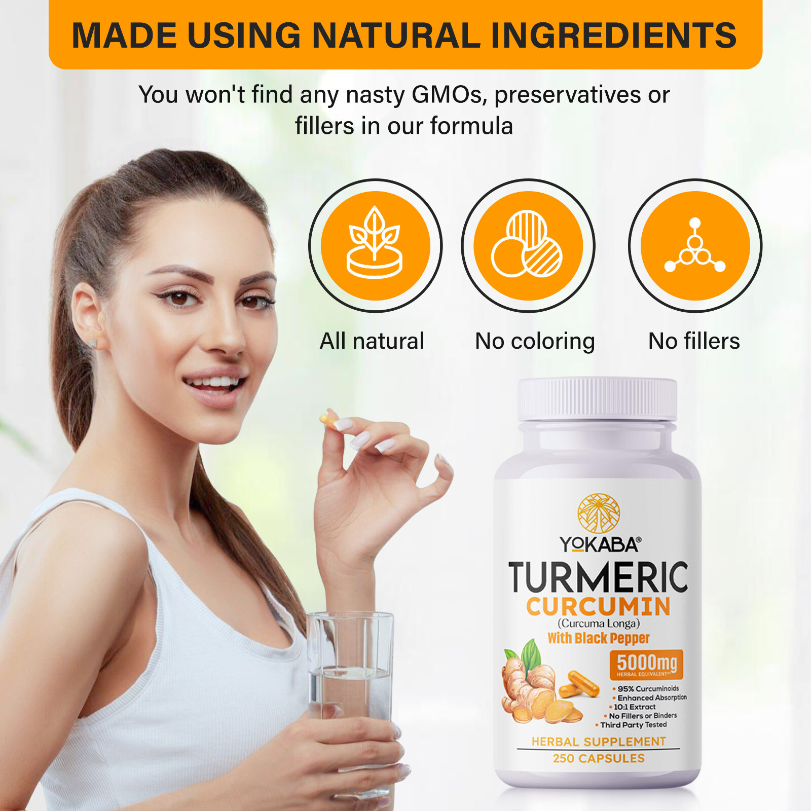 250 Capsules Turmeric Curcumin 5000mg Herbal Extract with BioPerine by YOKABA