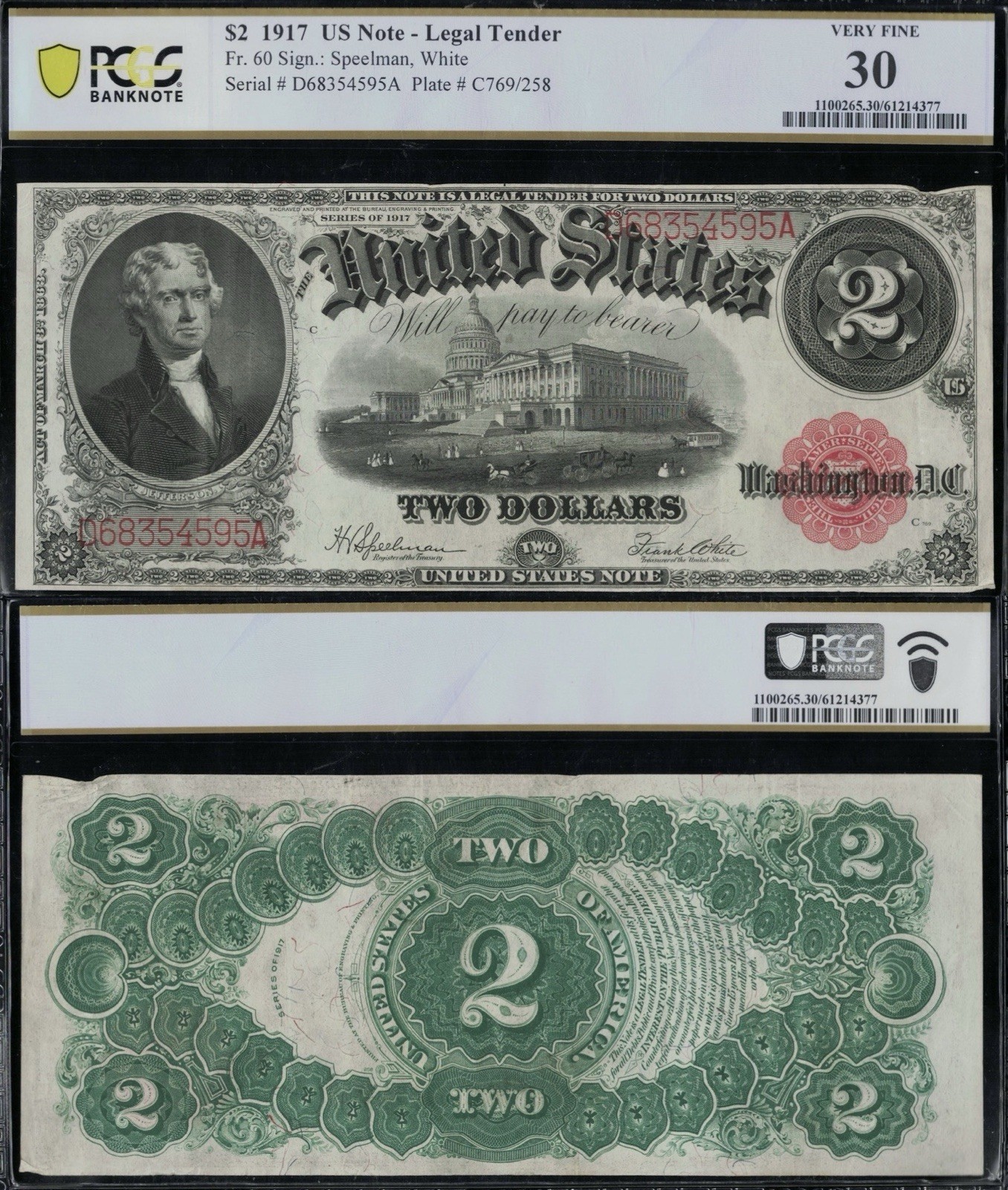 SC 1917 $2 Fr.60 Legal Tender Red Seal “Bracelet” Back - PCGS 30 (595)