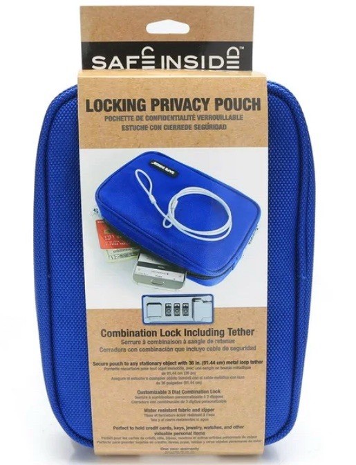 Locking Privacy Pouch Bag - SAFE INSIDE Blue Large w/ Combo Lock Latch & Tether