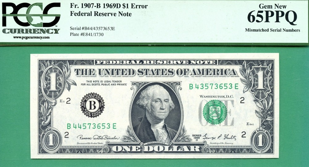 ERROR MISMATCHED SERIAL - 1969D $1 FRN - PCGS GEM 65 PPQ - MISMATCH SERIAL ERROR
