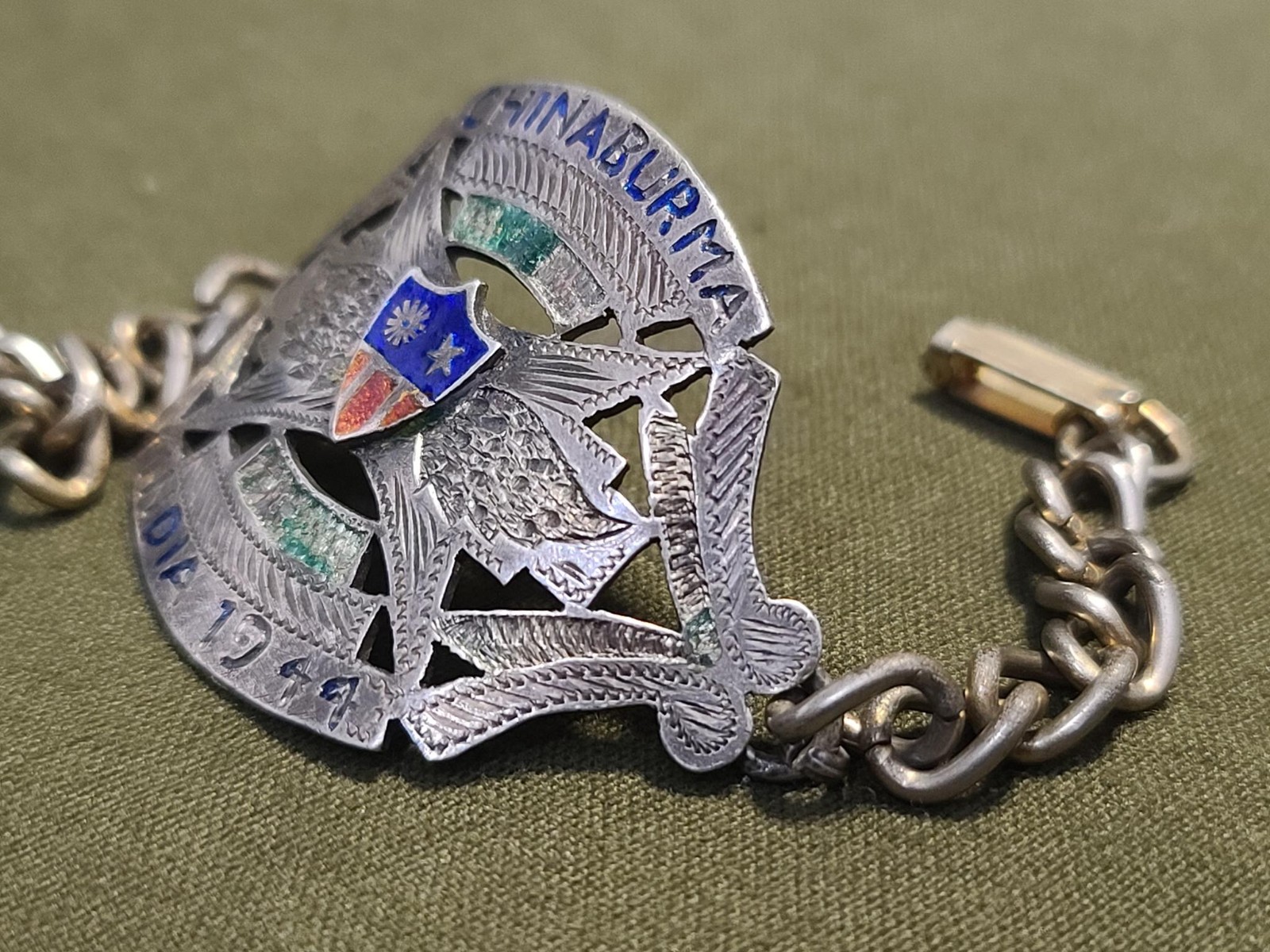 WWII China Burma India CBI 1944 Sweetheart Bracelet US Army Enamel Soldier 1940s