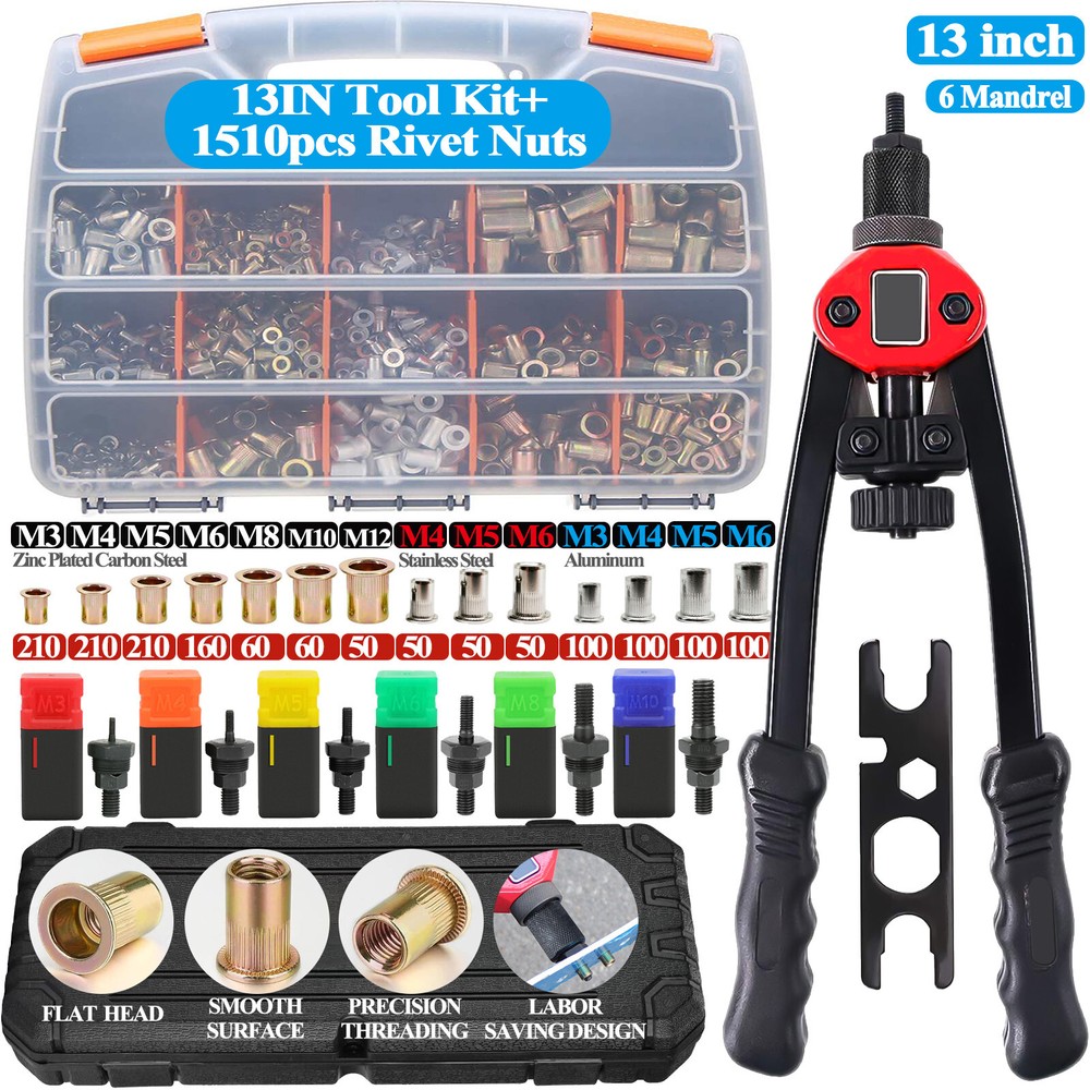 1510PC Rivet Nut Gun Kit Rivnut Setting Tools Nut Setter Tool Hand Blind Riveter