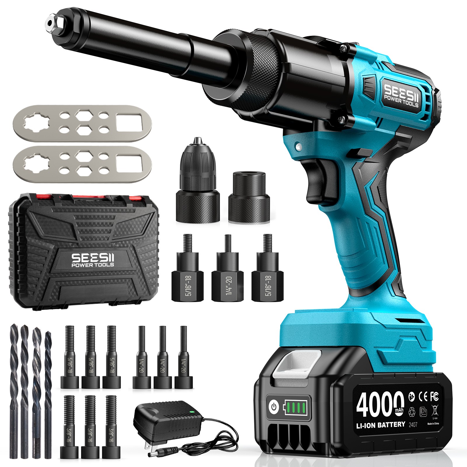 Seesii Battery Powered Pop Rivet/Nut Gun Cordless Electric Rivet Nut Gun 4000mAh