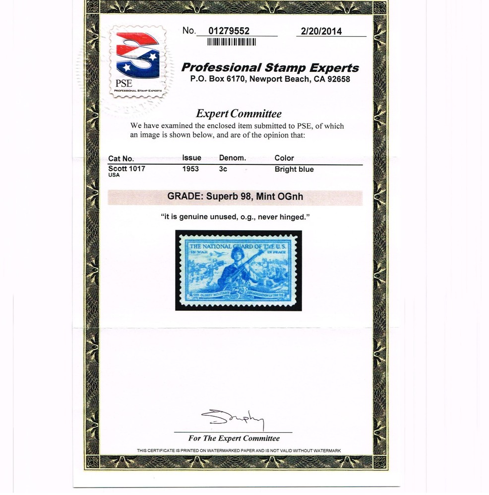 EXCEPTIONAL GENUINE SCOTT #1017 MINT PRISTINE OG NH PSE CERT GRADED SUPERB 98