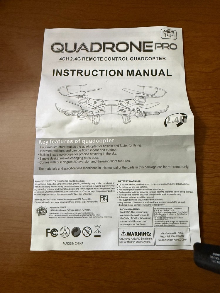 Quadcopter By QUADRONE w/manual - NO REMOTE