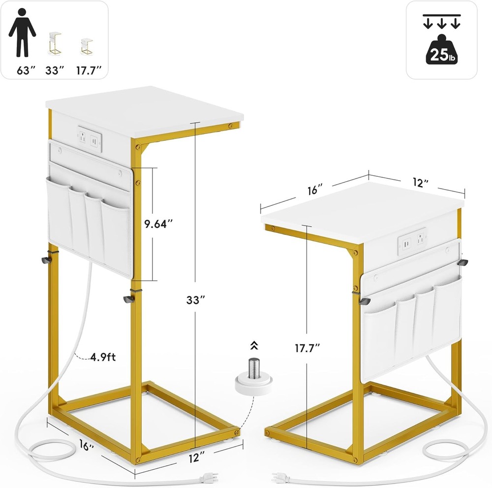 C Shaped End Table W/ Charging Station Adjustable Height Couch Sofa Side Table