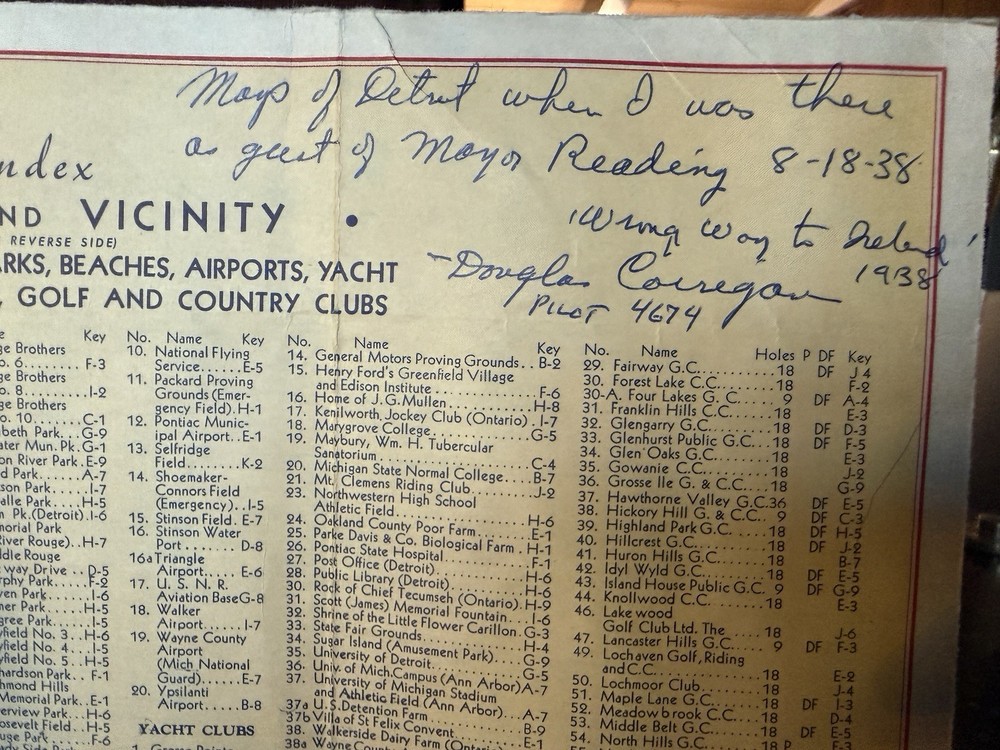 1938 Douglas "Wrong Way" Corrigan Signed Detroit Shell Map Aviation Autograph
