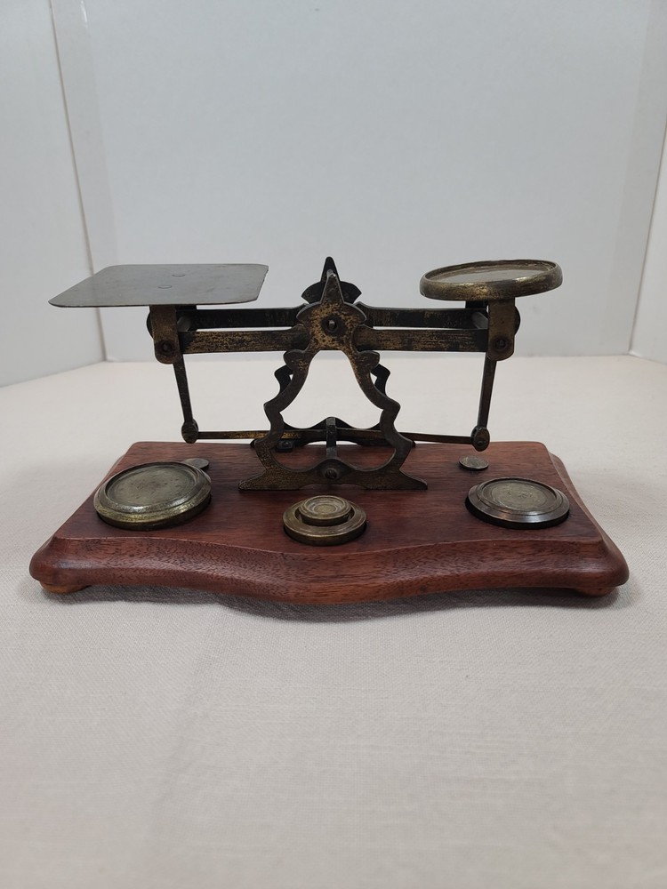 Antique Postal Scale Brass W/Walnut Base and Weights