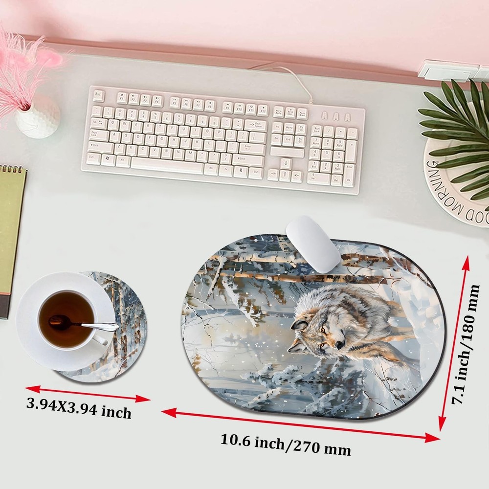 Personalized Snowforest Wolf Mousepad with Coaster Set - Stylish Design, Non-...