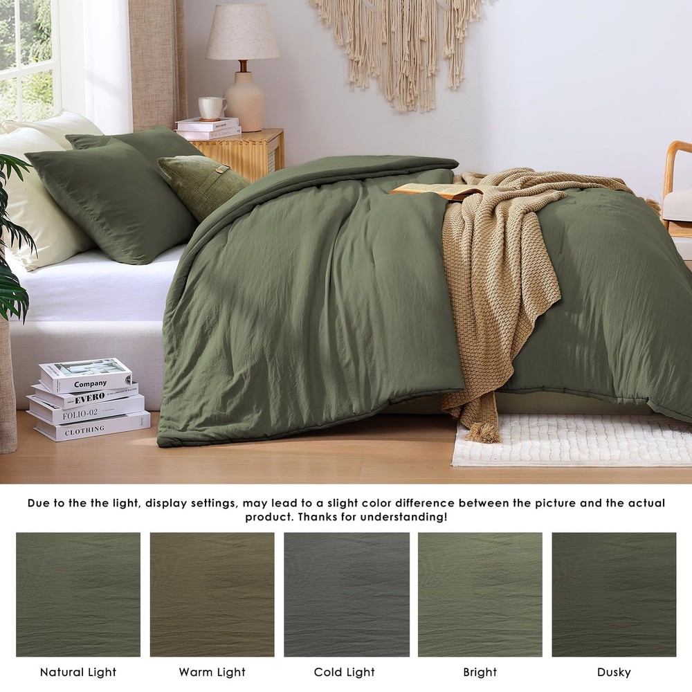 Queen Comforter Set - 3 Pieces Prewashed Olive Green Comforter Soft Lightweig...