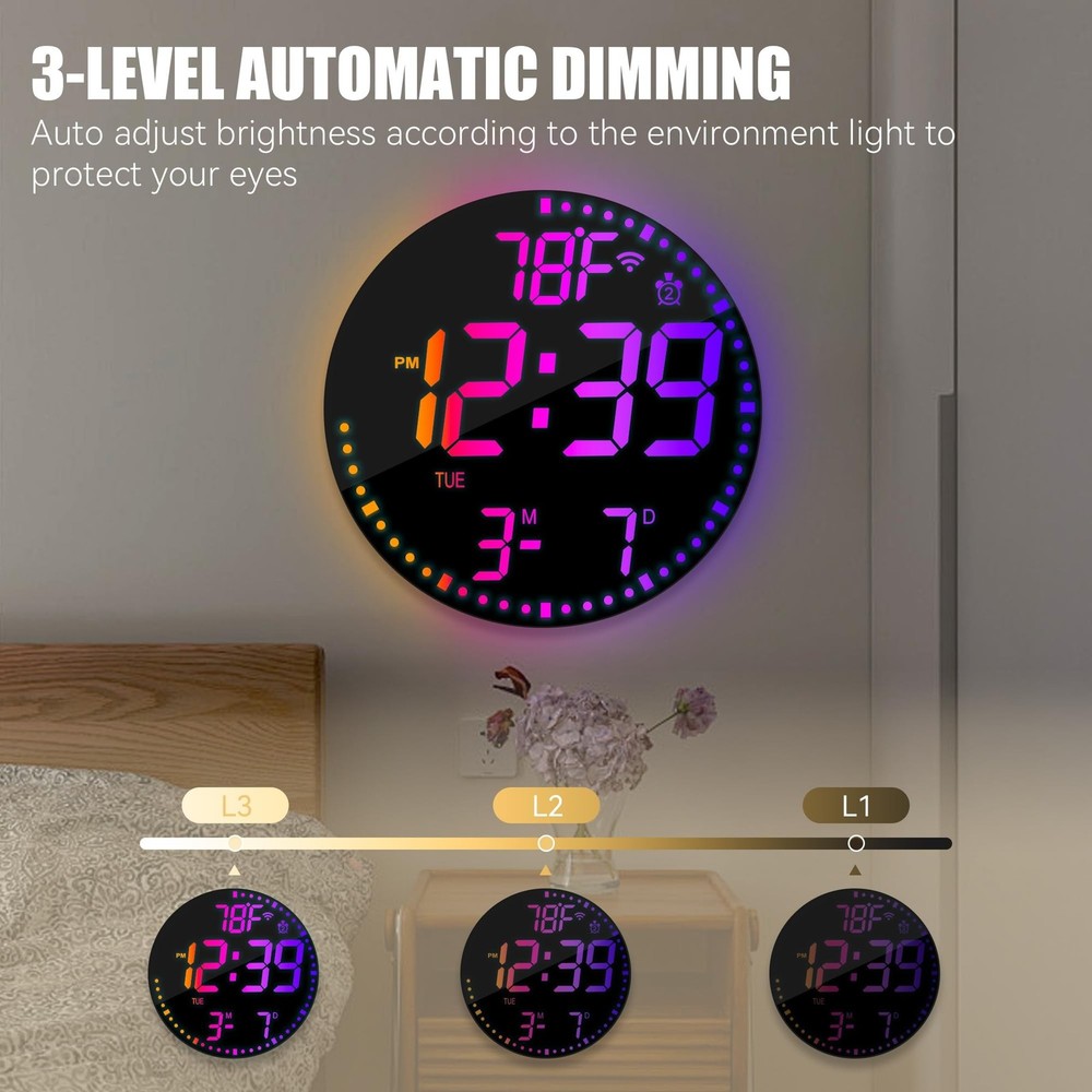 Kasbin 12” Digital Wall Clock with App Control, Large LED, WiFi Sync, Date