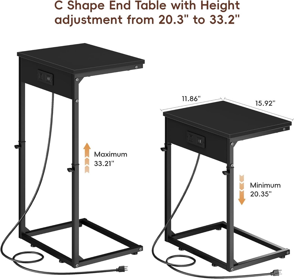 C Shaped End Table W/ Charging Station Adjustable Height Side Table Couch,Small