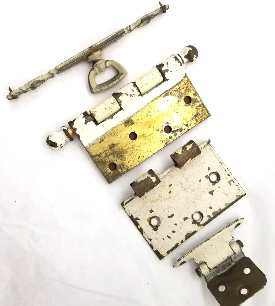 Vtg Brass Door Hardware Lot Hinges Pull Complete & Incomplete Painted Salvage
