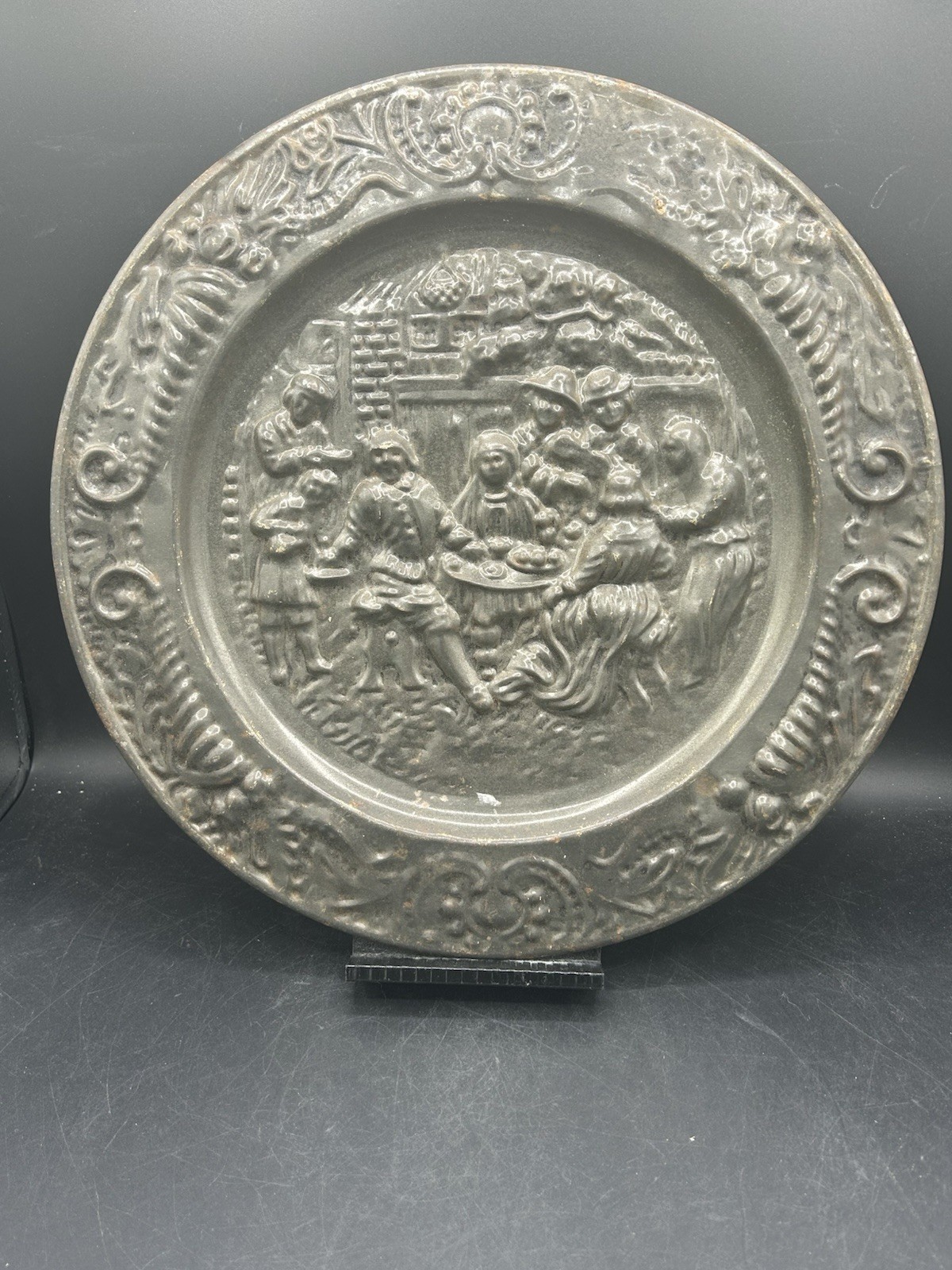 Vintage English Brass Hammered Wall Plate  Decorative Tile (14 inch)