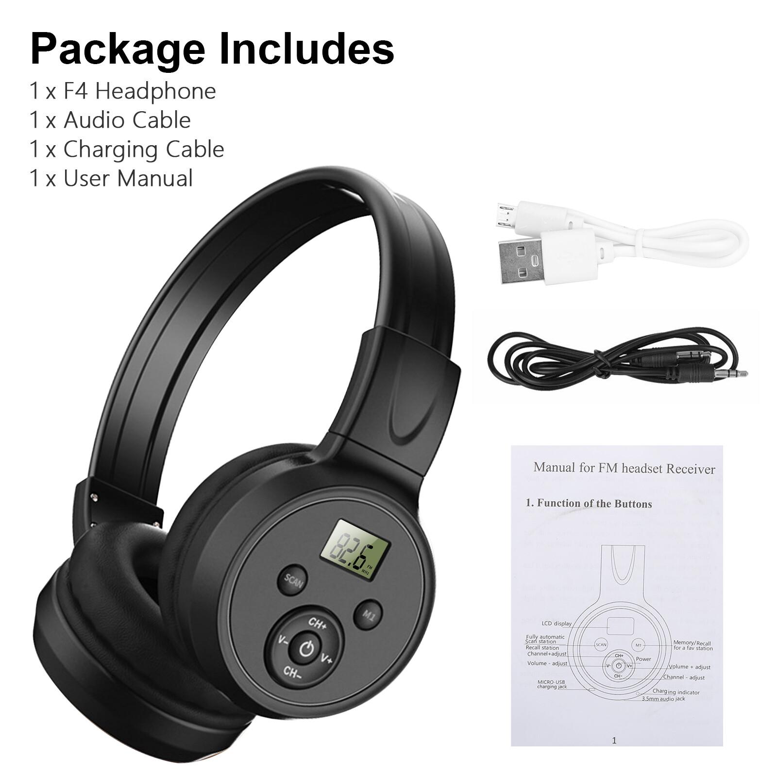 Wireless FM Radio Headphones 3.5mm Rechargeable Over-Ear Stereo Headset Foldable