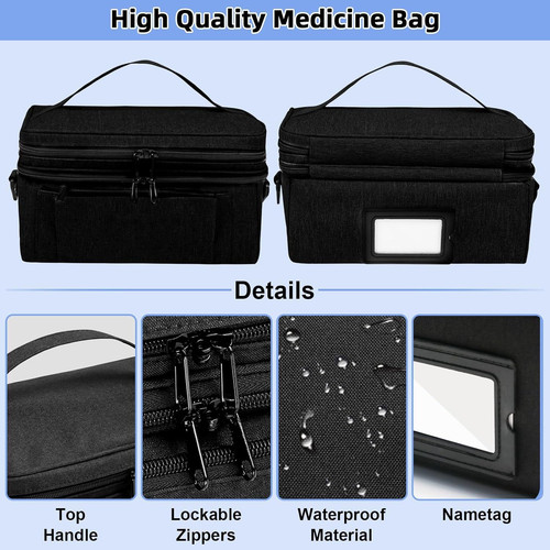 Medicine Bag for Traveling with Portable Small Pouch, Double Layer Pill Black