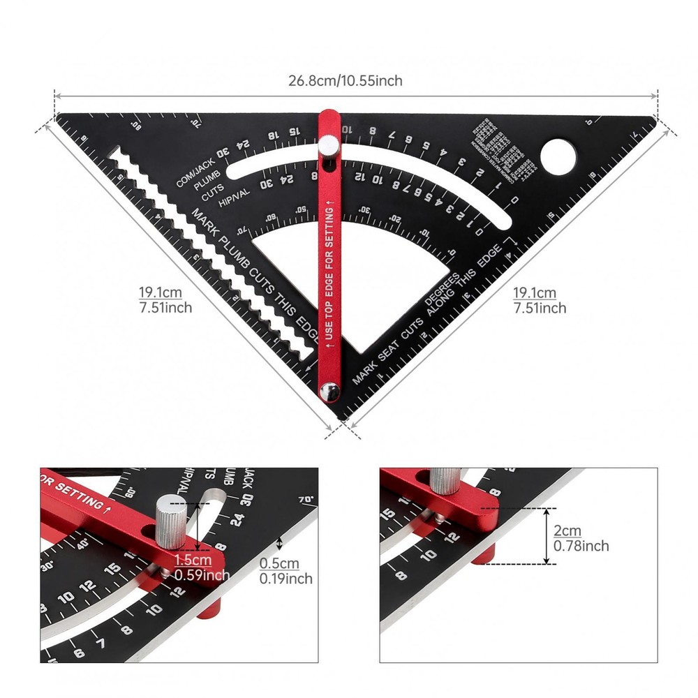 7 Inch Positioning Adjustable Angle Triangle Ruler with Adjustable Rod Metal