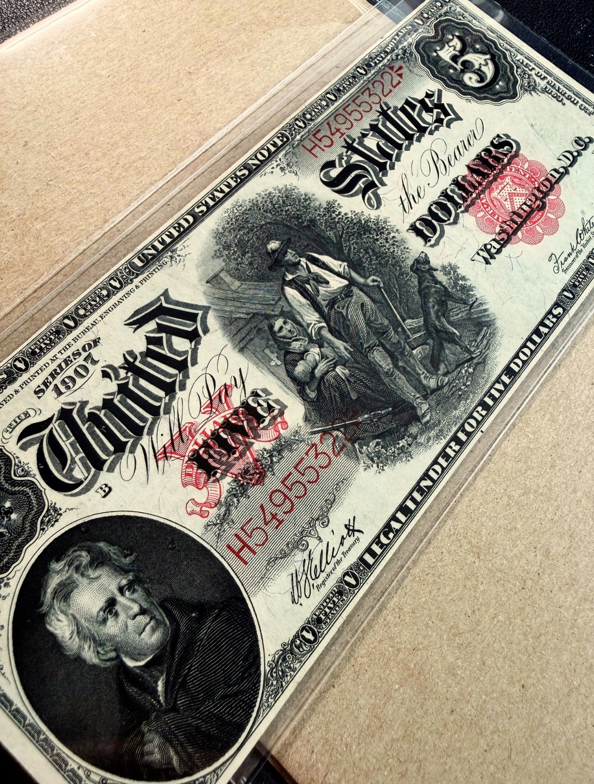 Fr. 90 1907 $5 Legal Tender "WOODCHOPPER" - XF Comment