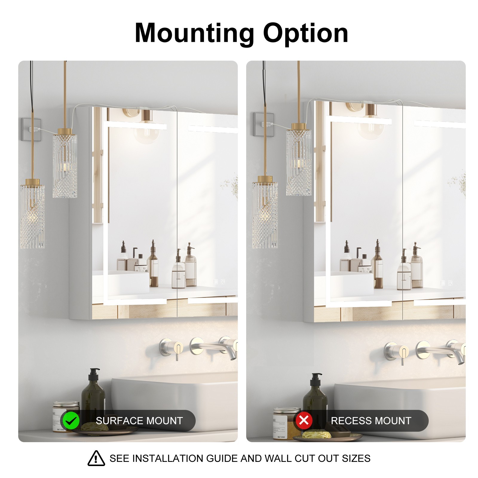 Large LED Lighted Medicine Cabinet 3 Doors Wall Mounted Bathroom Mirror Dimmable