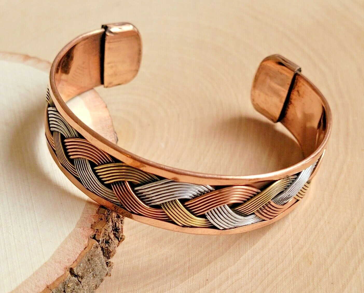 Solid Copper Tricolor Cuffed Health Bracelet - Copper Bracelet Braided