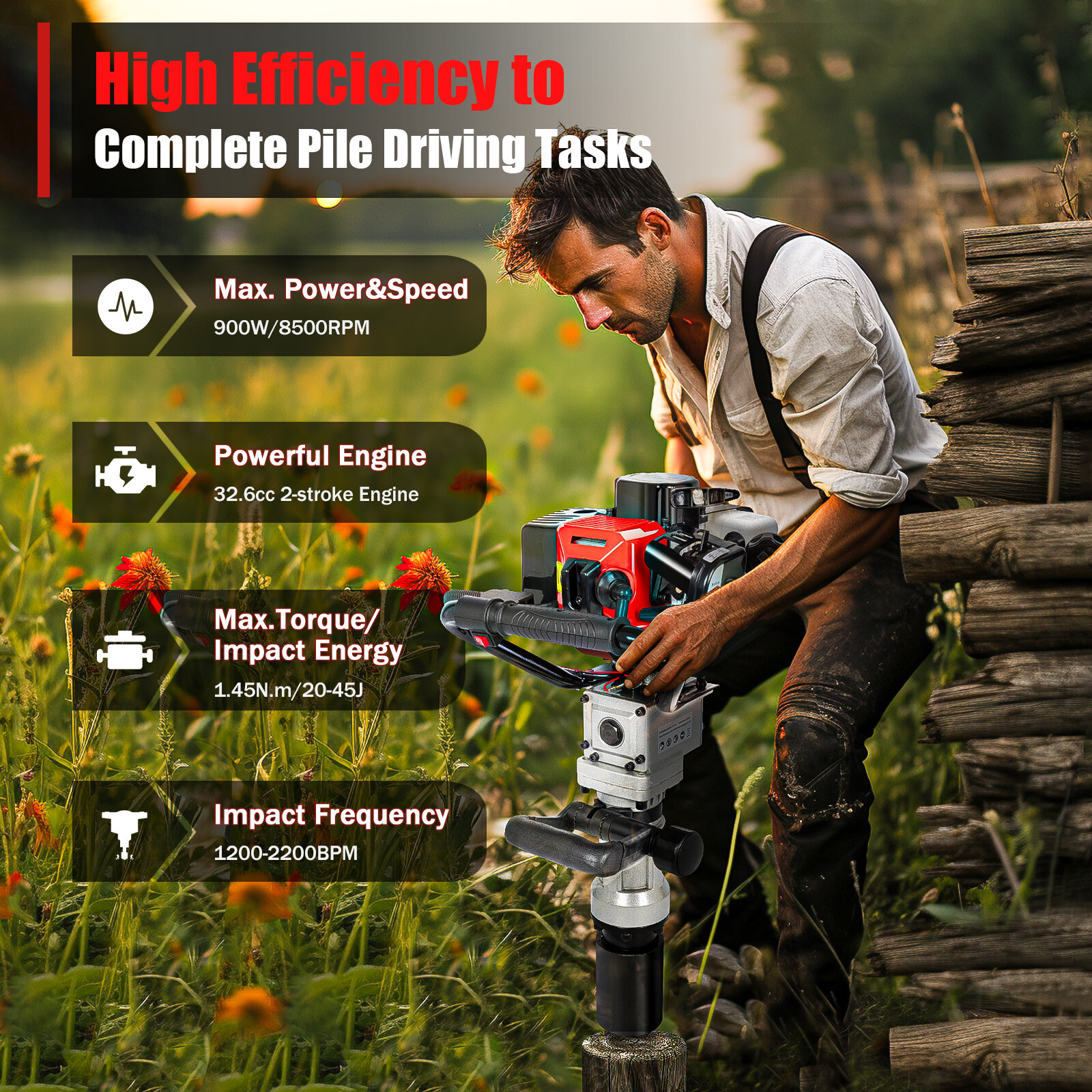 32cc Gas Powered T-Post Driver 2 Stroke Pole Pounder Pile Driver Hammer Portable