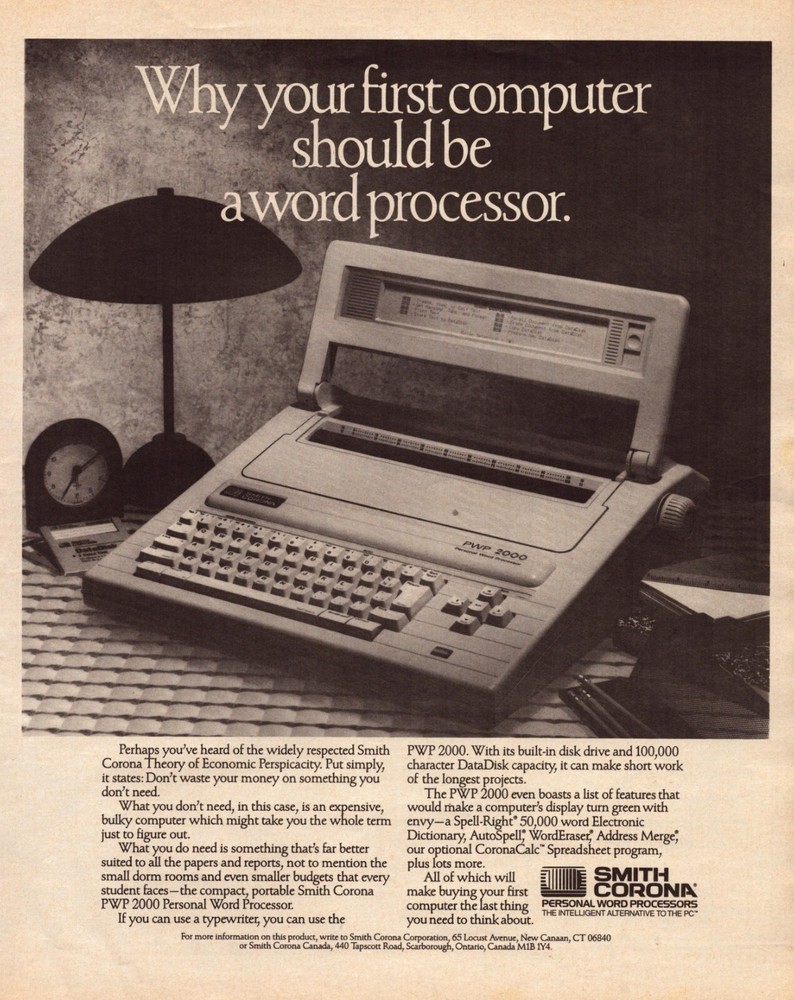 1989 Smith Corona Word Processor Print Ad PWP 2000 First Computer