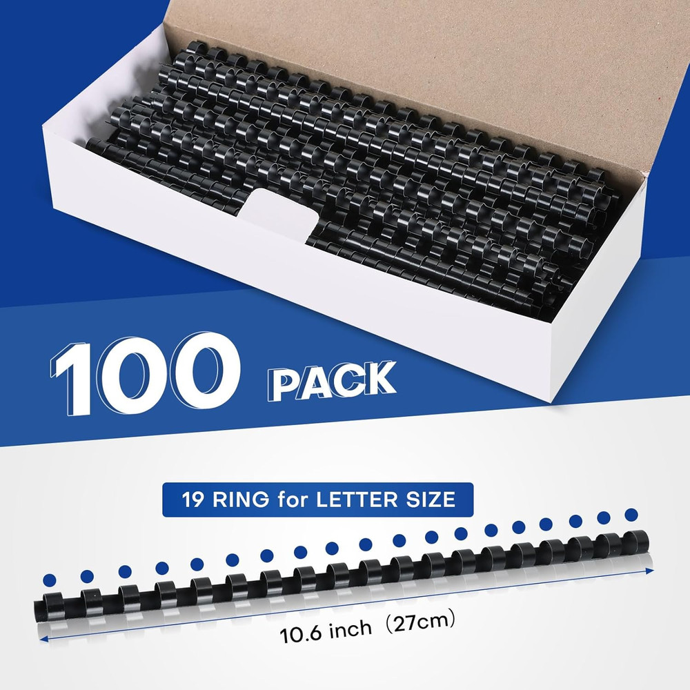 100 Pack 19 Ring Plastic Comb Binding Spines | 1/4 Inch Diameter, 20 Sheet Capac