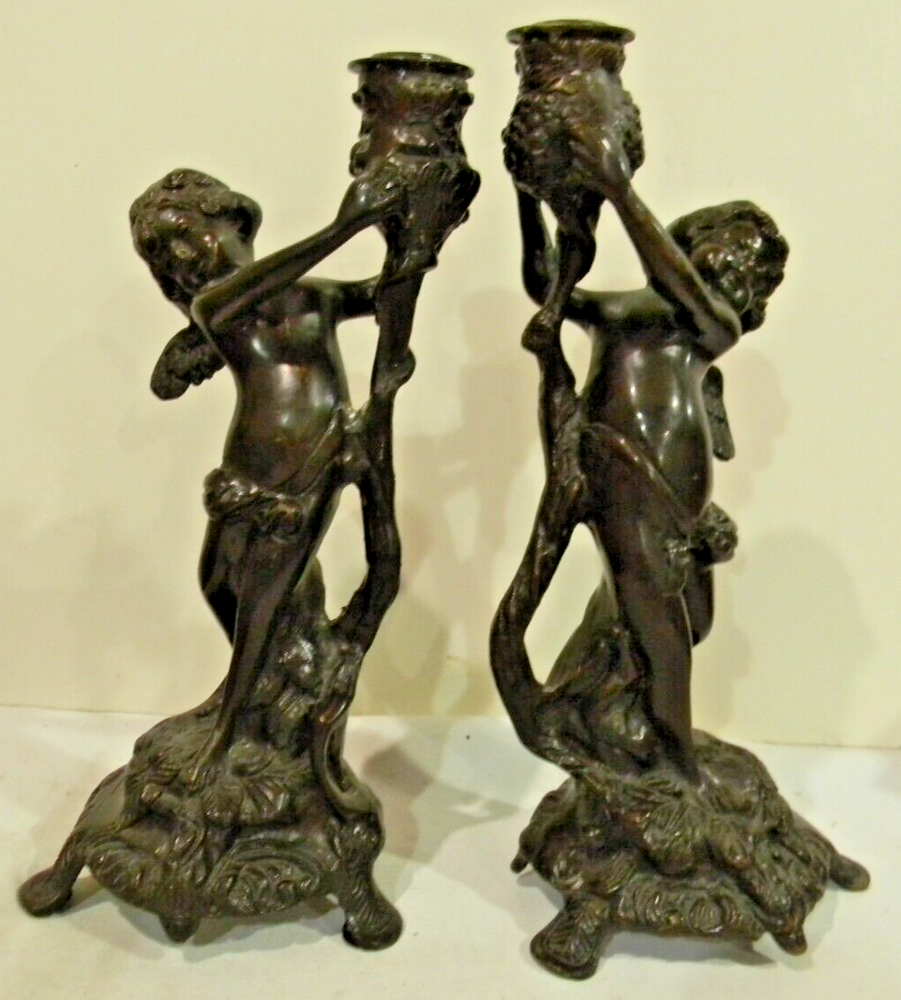 1900'S ANTIQUE BRONZE CHERUB CANDLE HOLDERS PAIR NICE