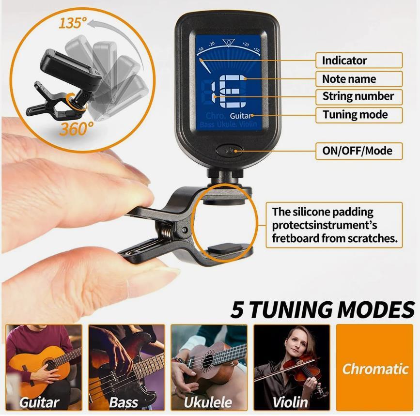 LCD Clip On Chromatic Acoustic Tuner Electric Guitar Banjo Violin Bass Ukulele