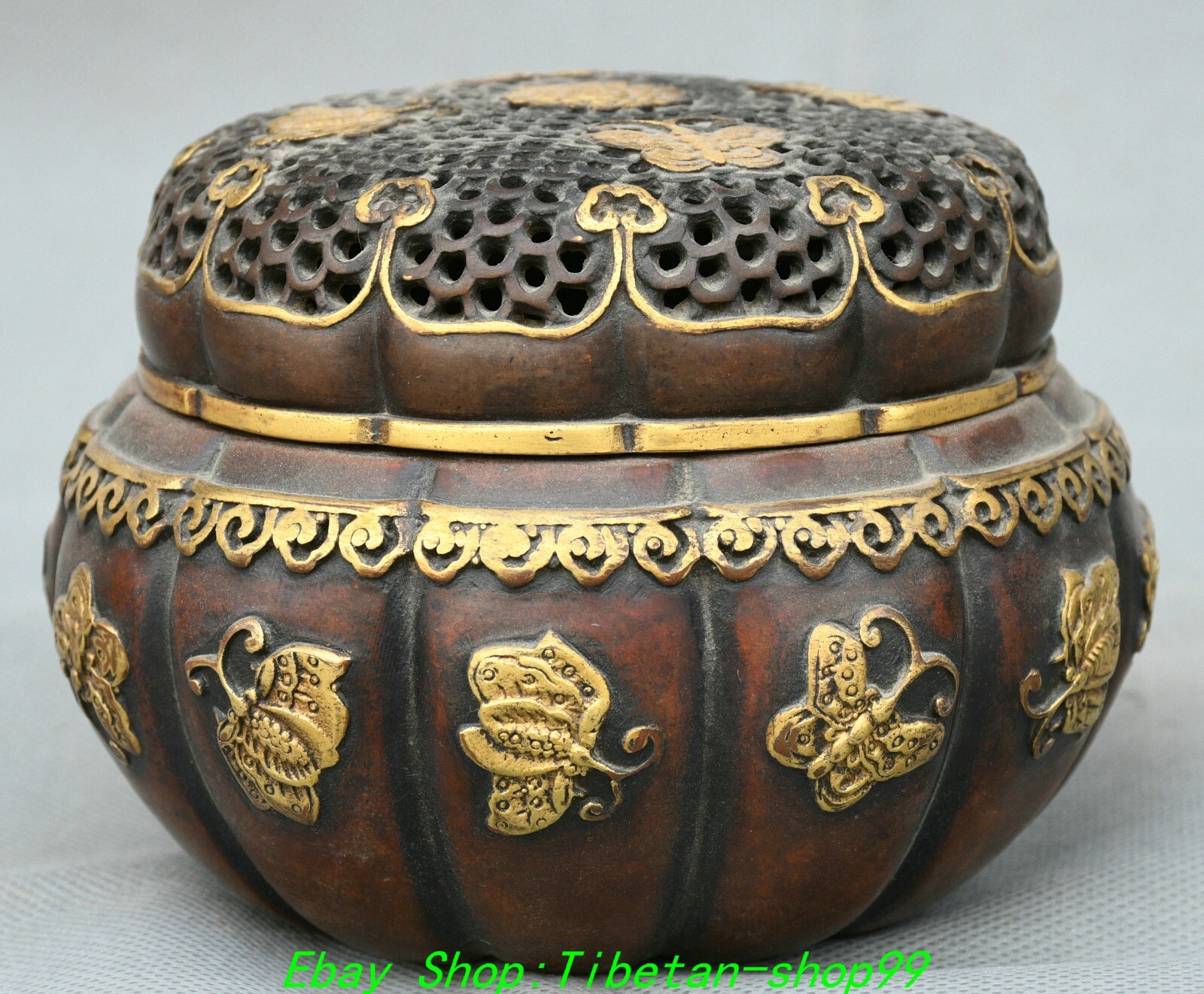 4.7''Old Dynasty Purple Bronze Gold Butterfly Pattern Incense Burner Censer